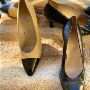 CHANEL calfskin Black with Black tipped heel